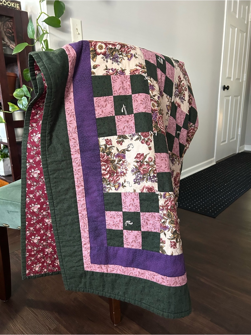 Purple Floral Checkered Quilt Throw Blanket